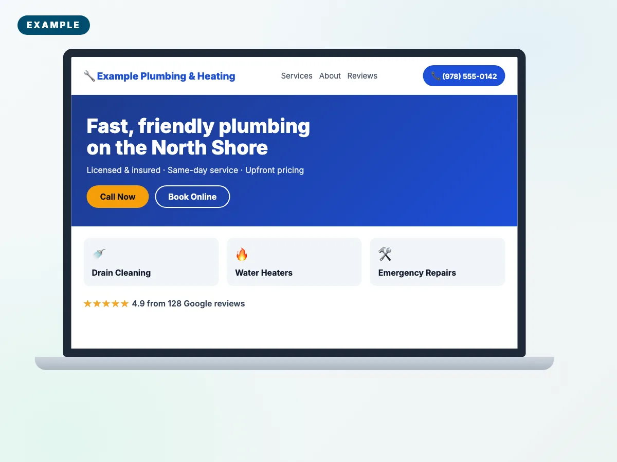 A strong small-business website on a laptop, with clear services and call and booking buttons (fictional example business)