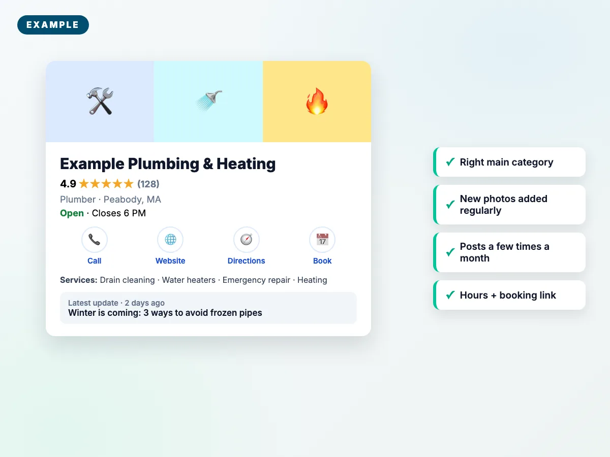 A complete Google Business Profile with photos, hours, services, and a recent post (fictional example business)