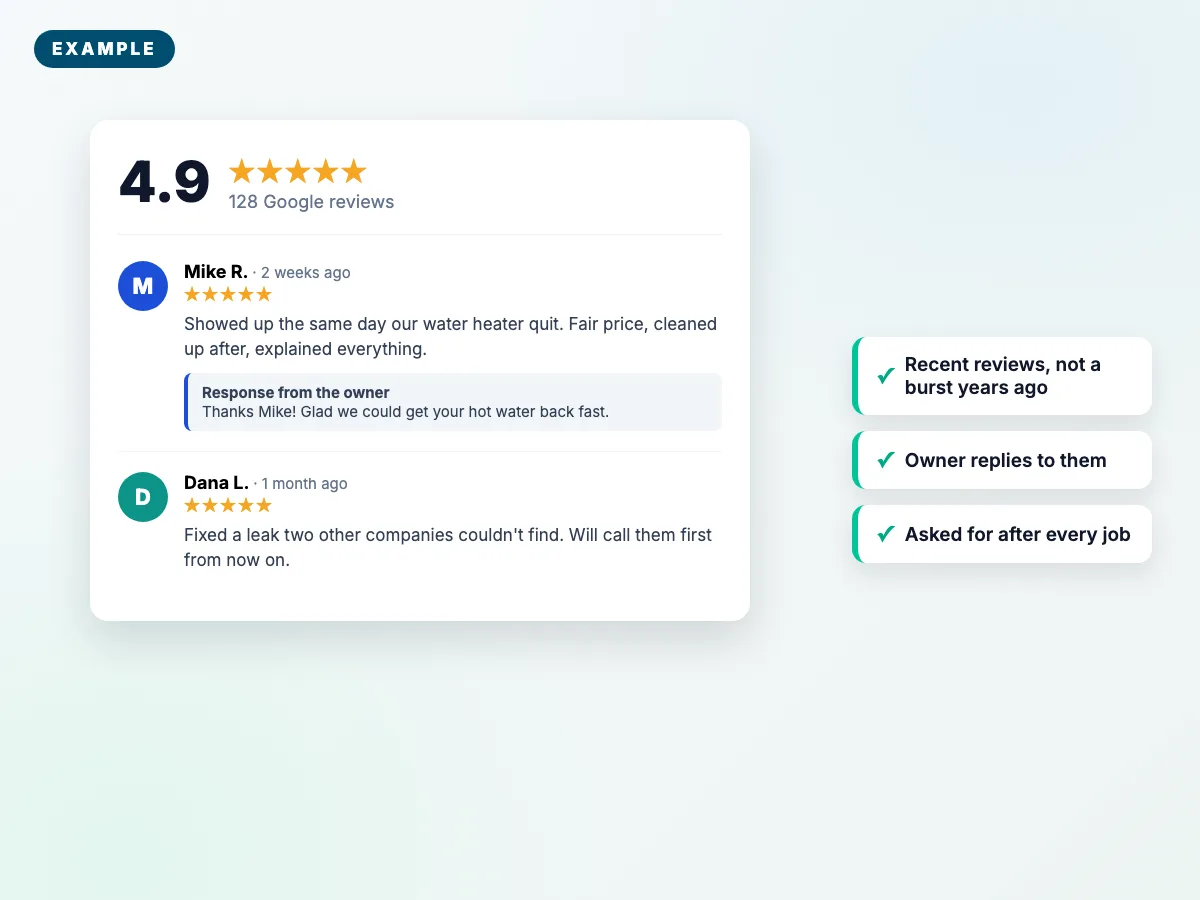 Recent five-star Google reviews with a reply from the owner (fictional example business)