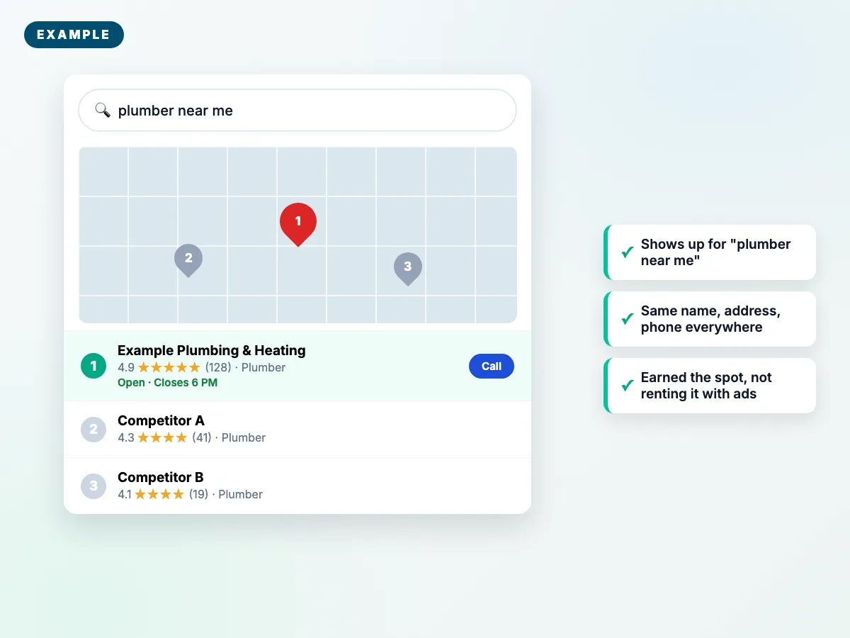 A local map search for plumber near me with the business listed first (fictional example business)