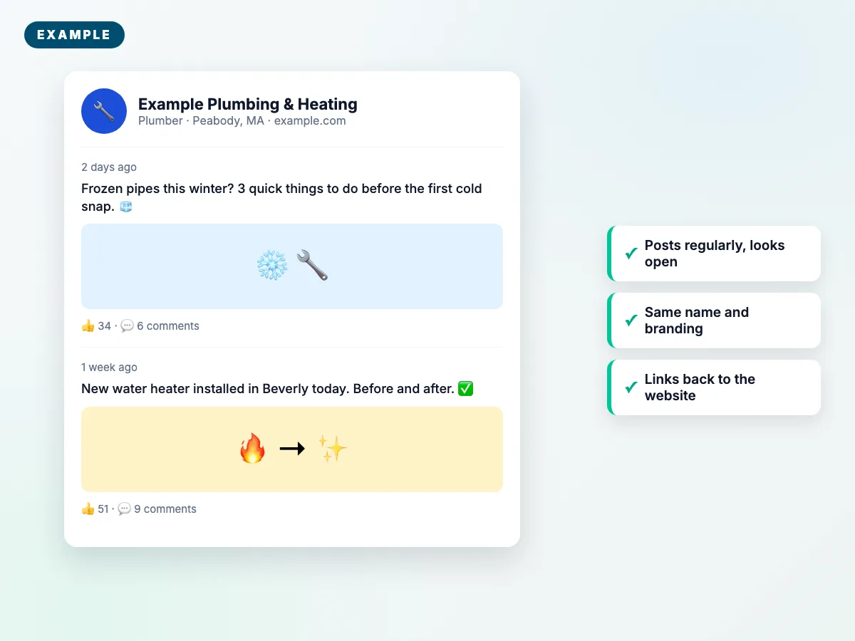 An active business social media feed with recent posts linking back to the website (fictional example business)