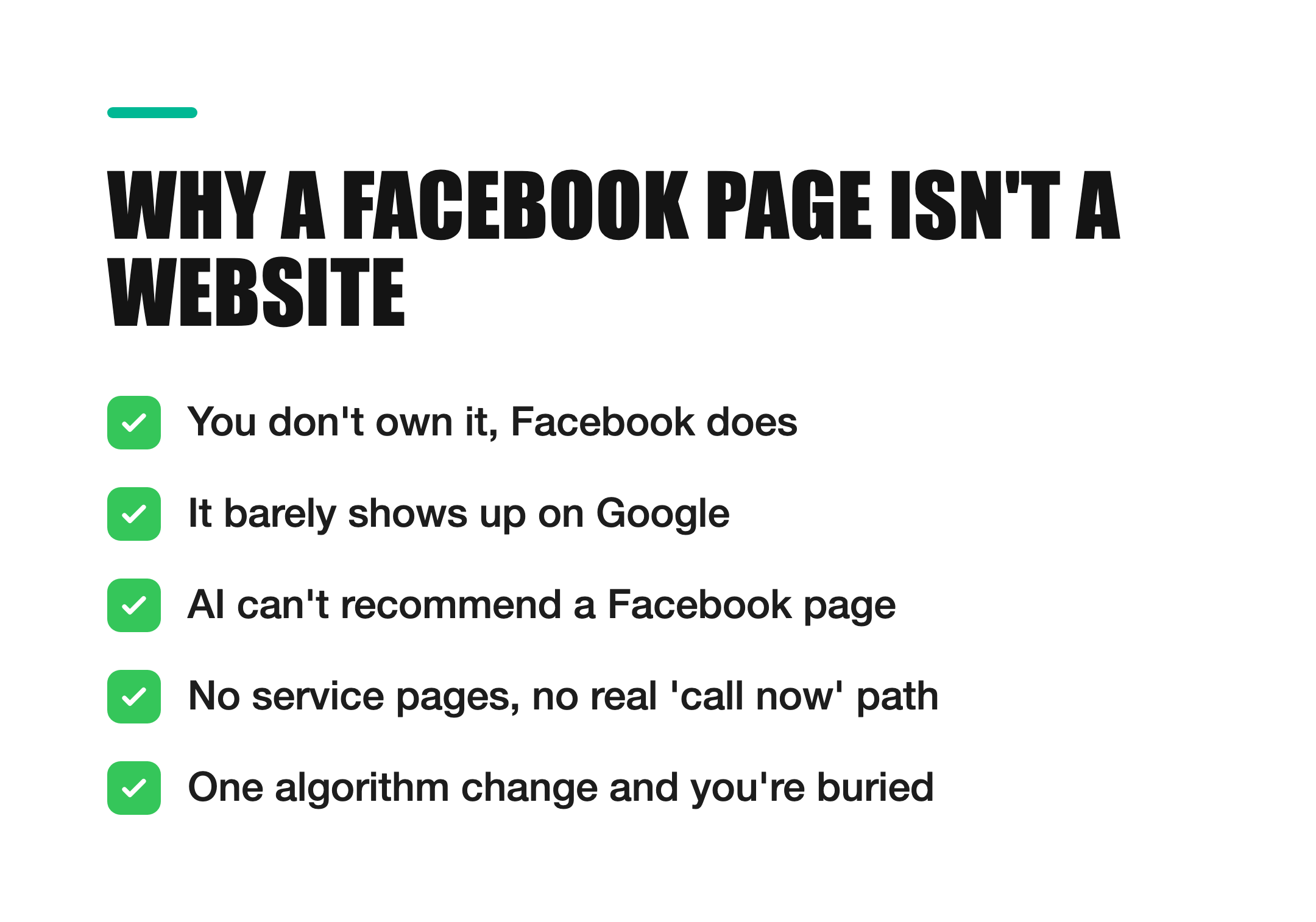 Why a Facebook page isn't a website: you don't own it, it barely shows on Google, AI can't recommend it, no service pages or call-now path, and one algorithm change buries you. From Simplify It Labs.