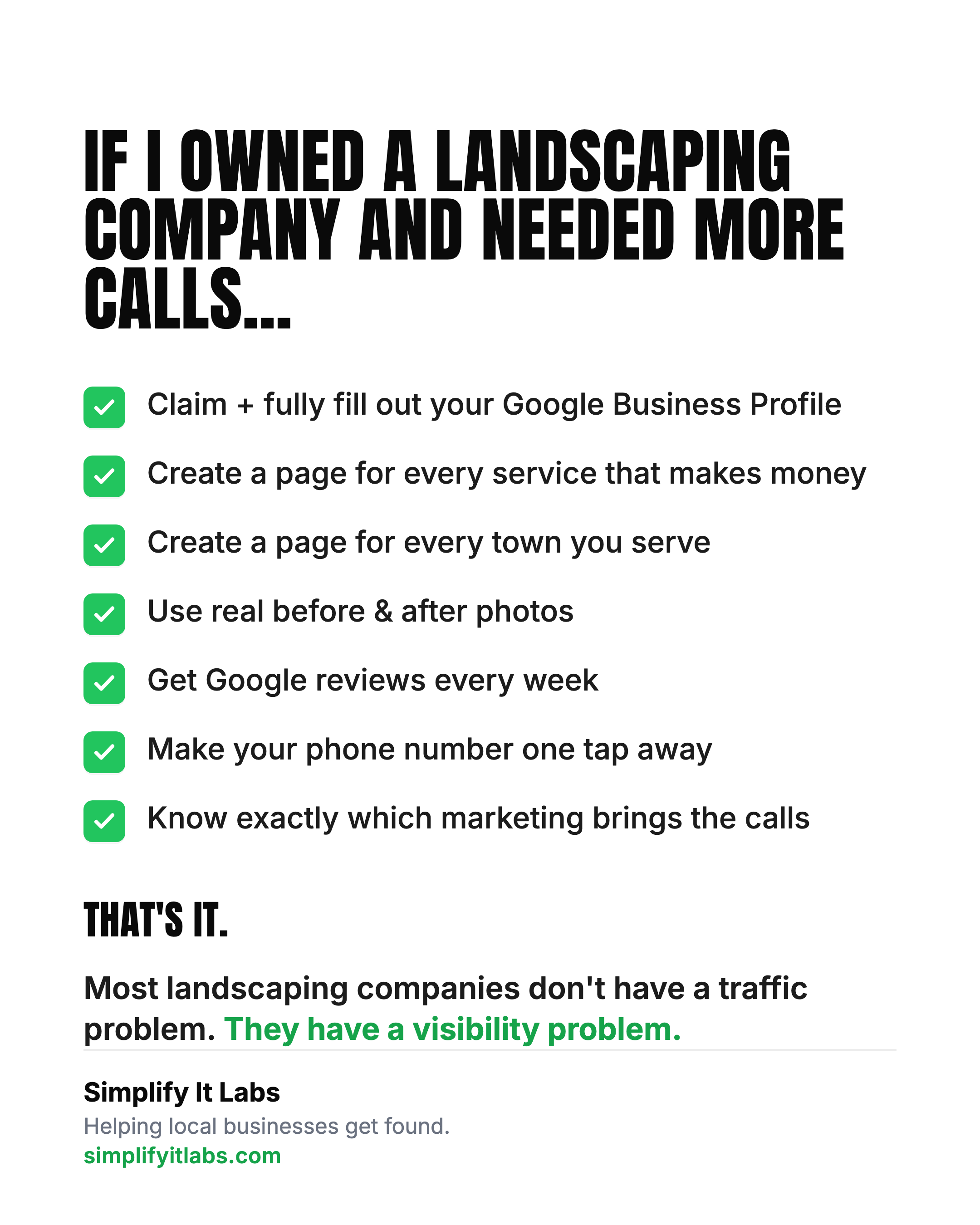 Checklist of 7 things a landscaping company should do to get more calls, from Simplify It Labs.