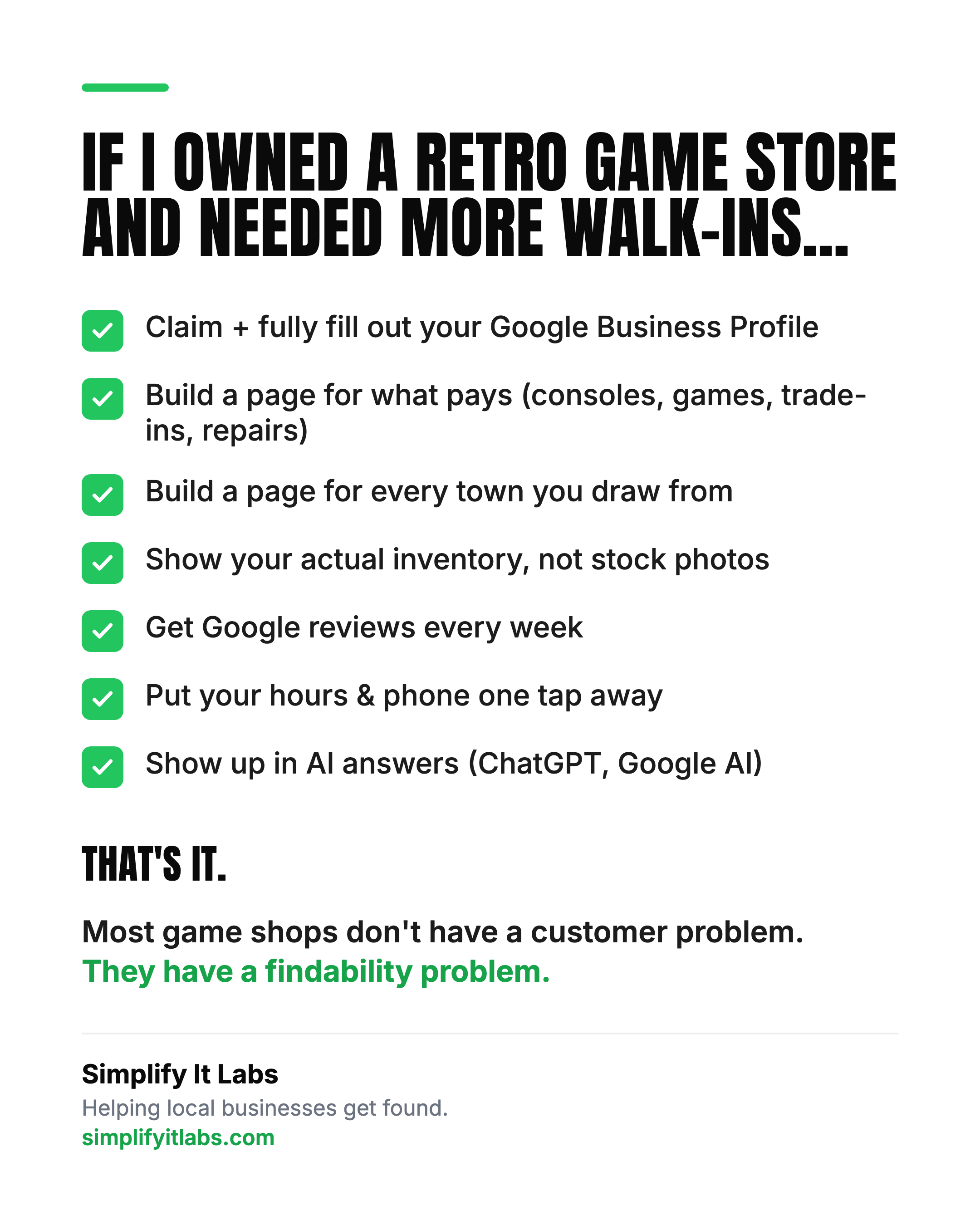 Checklist: 7 things a retro game store should do to get more walk-ins — Google Business Profile, service pages, town pages, show real inventory, weekly Google reviews, one-tap phone, show up in AI answers. From Simplify It Labs.
