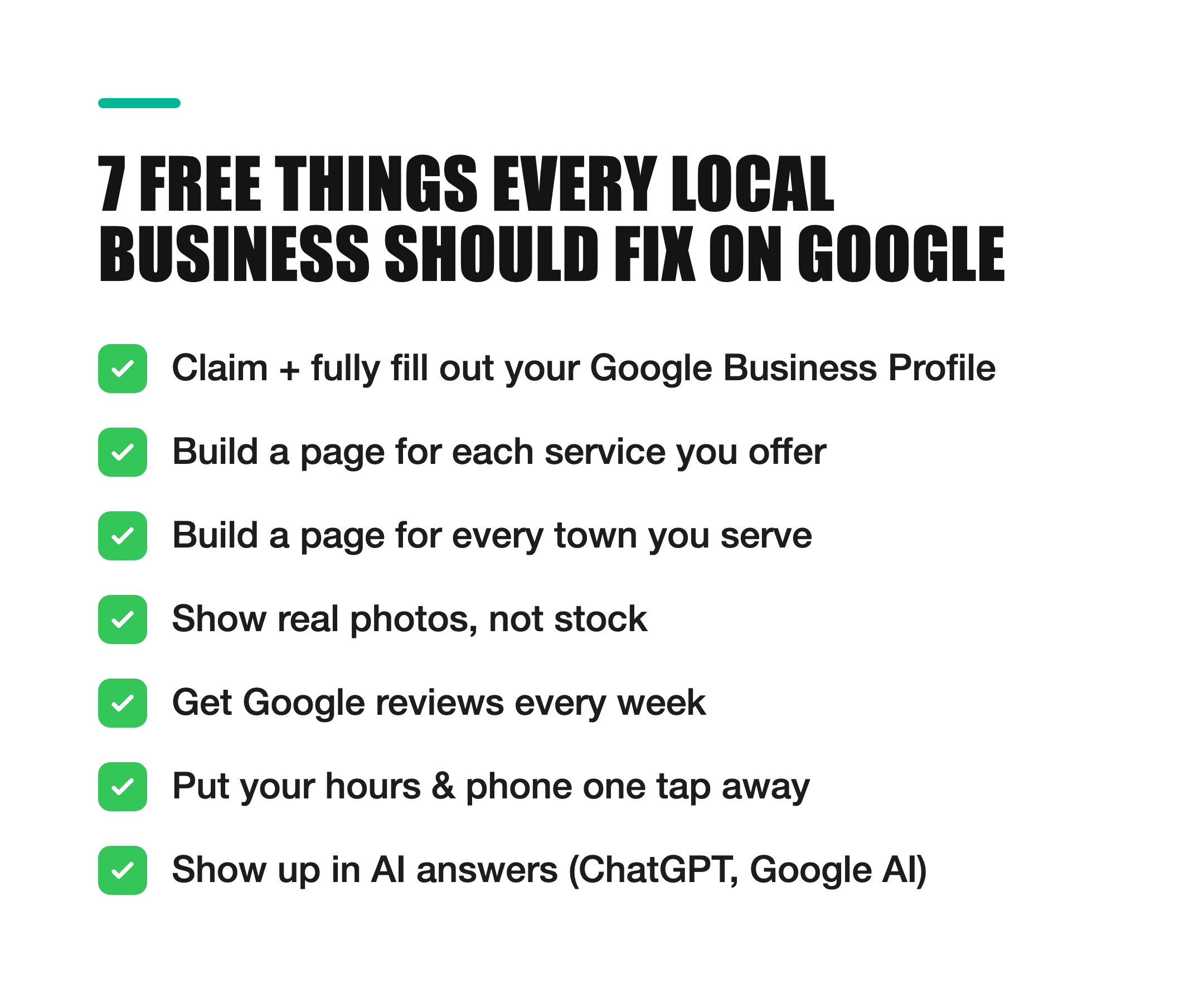 Checklist: 7 free things every local business should fix on Google to get found - Google Business Profile, service pages, town pages, real photos, weekly reviews, one-tap phone, and showing up in AI answers. From Simplify It Labs.