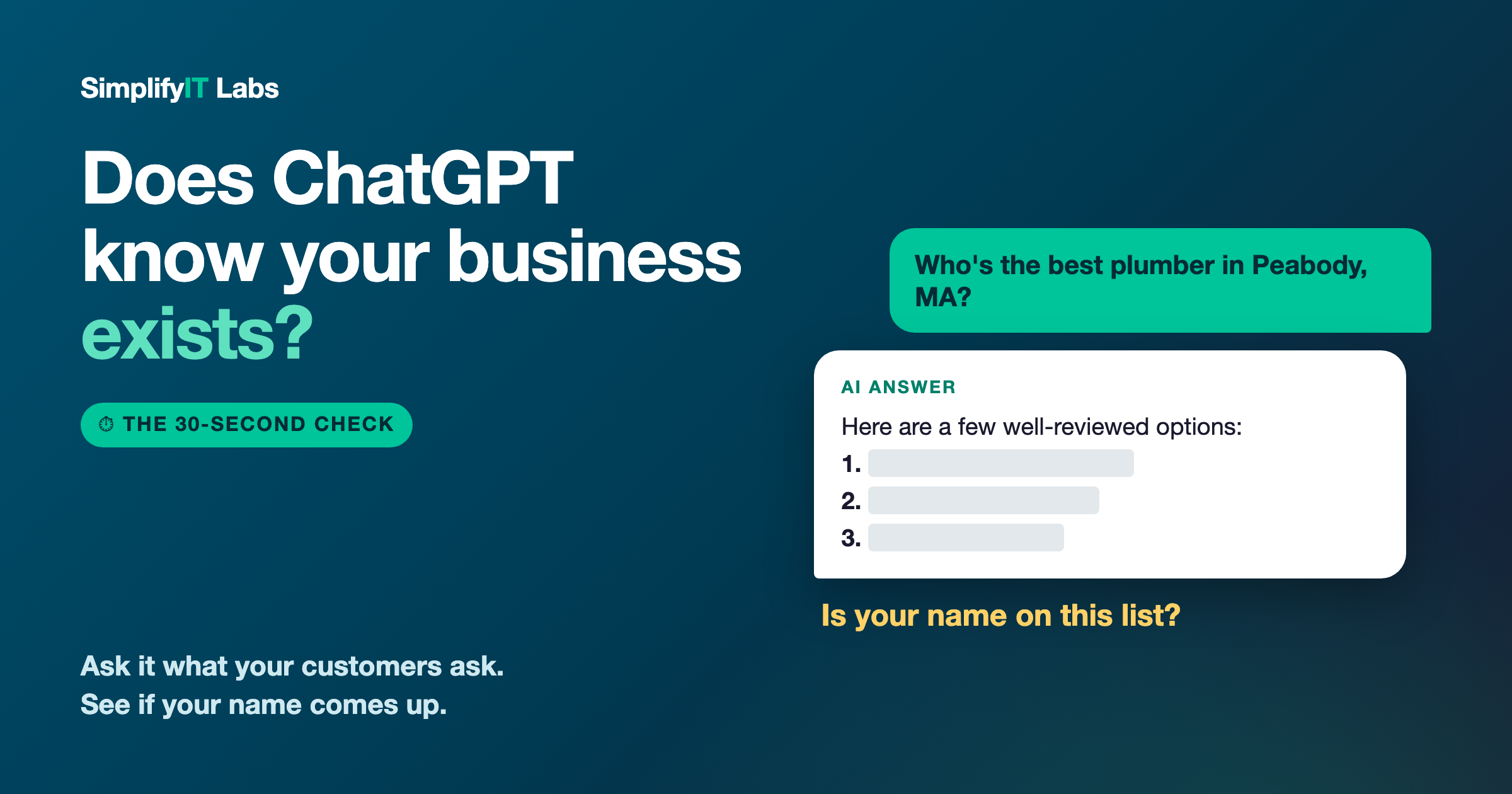 omeone asks ChatGPT for the best plumber in Peabody, MA and gets three names back. Is your business on the list? A 30-second check from Simplify It Labs.