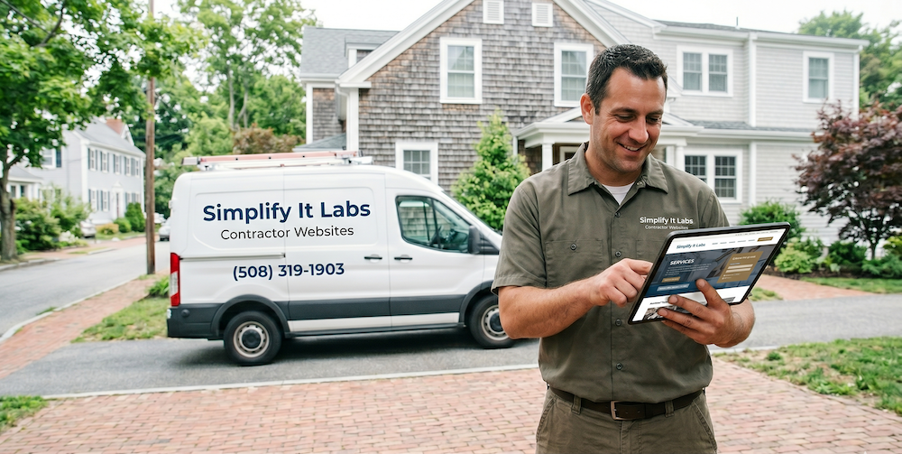 North Shore Massachusetts contractor reviewing a business website on a tablet beside a service vehicle