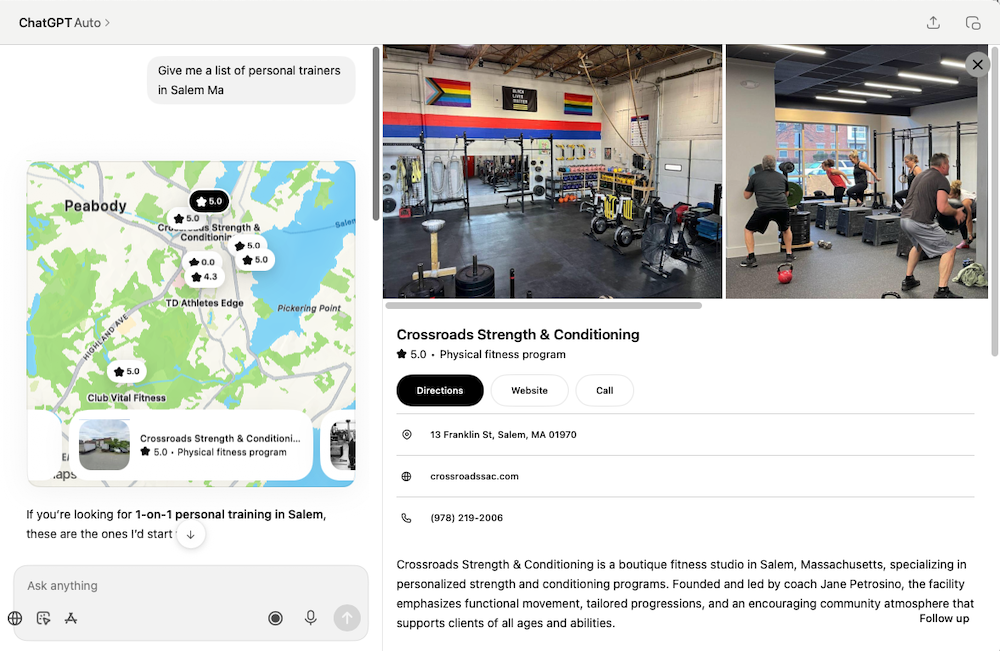 AI tool recommending a Salem MA personal training studio — getting your business recommended by AI