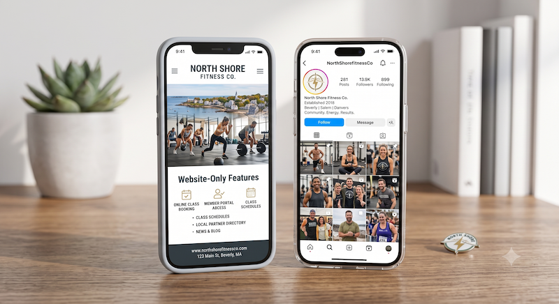 North Shore MA gym website and Instagram side by side — does my gym need a website.